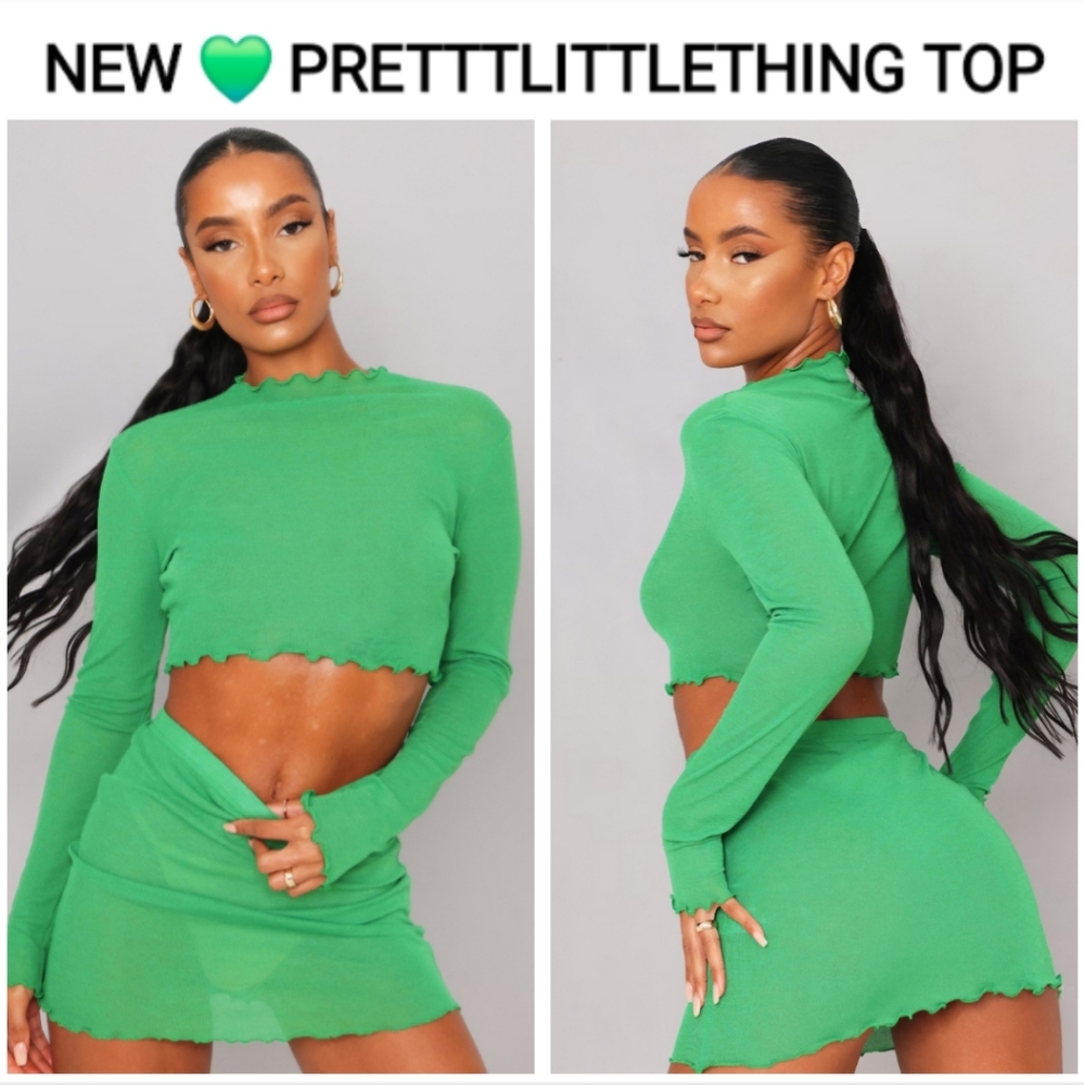 BRIGHT GREEN MESH FRILL EDGE LÔNGSLEEVE TOP Size 12